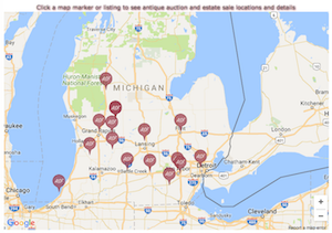 map of estate sales and antique auctions in Michigan